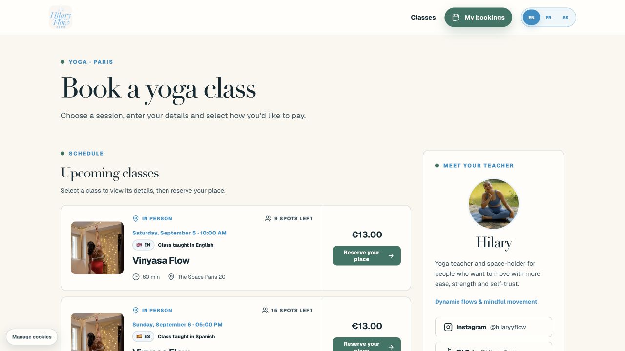 Interface de réservation des cours Hilaryy Flow créée par Kévin Alix